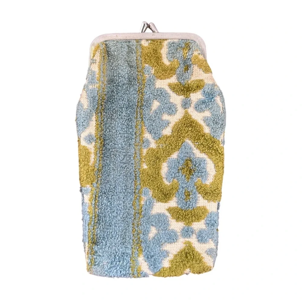 Vintage Kiss Lock Pouch Green Blue Damask Cigs Eyeglass Case Makeup Bag FLAW